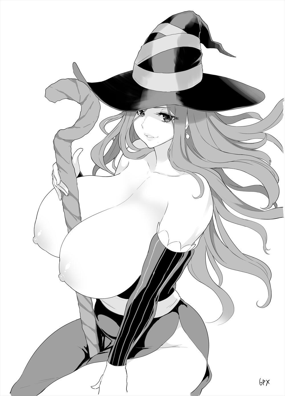 between_breasts breasts cleavage dragon's_crown greyscale hat highres huge_breasts long_hair meme50 monochrome nipples simple_background smile solo sorceress_(dragon's_crown) staff topless white_background wide_hips witch_hat