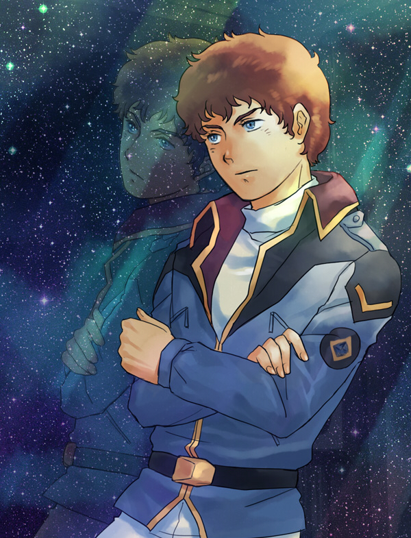 amuro_ray belt blue_eyes brown_hair char's_counterattack crossed_arms glass gundam jacket kakyoi male_focus military military_uniform pants reflection solo space star uniform