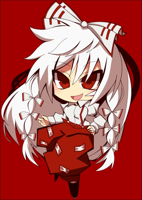 bow chibi fujiwara_no_mokou hair_bow long_hair open_mouth pants red_background red_eyes ribbon silver_hair smile solo suspenders touhou undertime white_hair