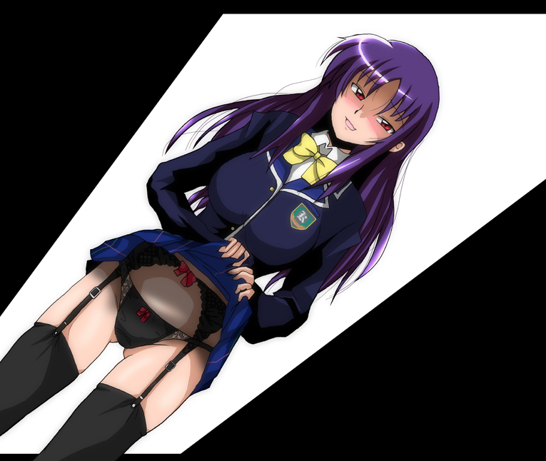 1girl blazer garter_belt hair_down ookura_miyako panties purple_hair red_eyes red_hair school_uniform shaded_face skirt skirt_lift solo tawake thighhighs thighs tokimeki_memorial tokimeki_memorial_4 underwear upskirt yandere