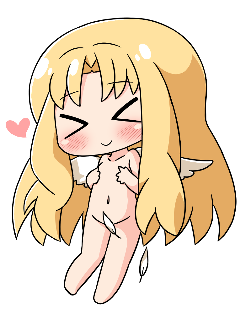&gt;_&lt; 1girl bangs barefoot blonde_hair blush chibi closed_mouth collarbone covering covering_chest eyebrows_visible_through_hair eyes_closed facing_viewer feathered_wings feathers firo_(tate_no_yuusha_no_nariagari) full_body groin hana_kazari head_tilt heart long_hair navel nude parted_bangs simple_background smile solo tate_no_yuusha_no_nariagari very_long_hair white_background white_feathers white_wings wings