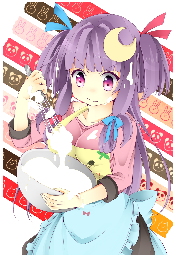 alternate_costume apron bowl breasts colorized cooking crescent crescent_hair_ornament hair_ornament hair_ribbon maki65 medium_breasts no_hat no_headwear patchouli_knowledge purple_eyes purple_hair ribbon solo taut_clothes touhou wavy_mouth whisk
