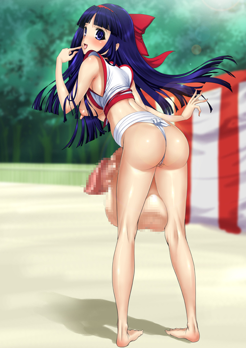 1girl ass blue_eyes blush breasts character_request erection finger_to_mouth full-package_futanari futanari huge_penis huge_testicles large_breasts long_hair looking_back lowres nakoruru nipples open_mouth penis public q1_(slw) samurai_spirits snk solo testicles