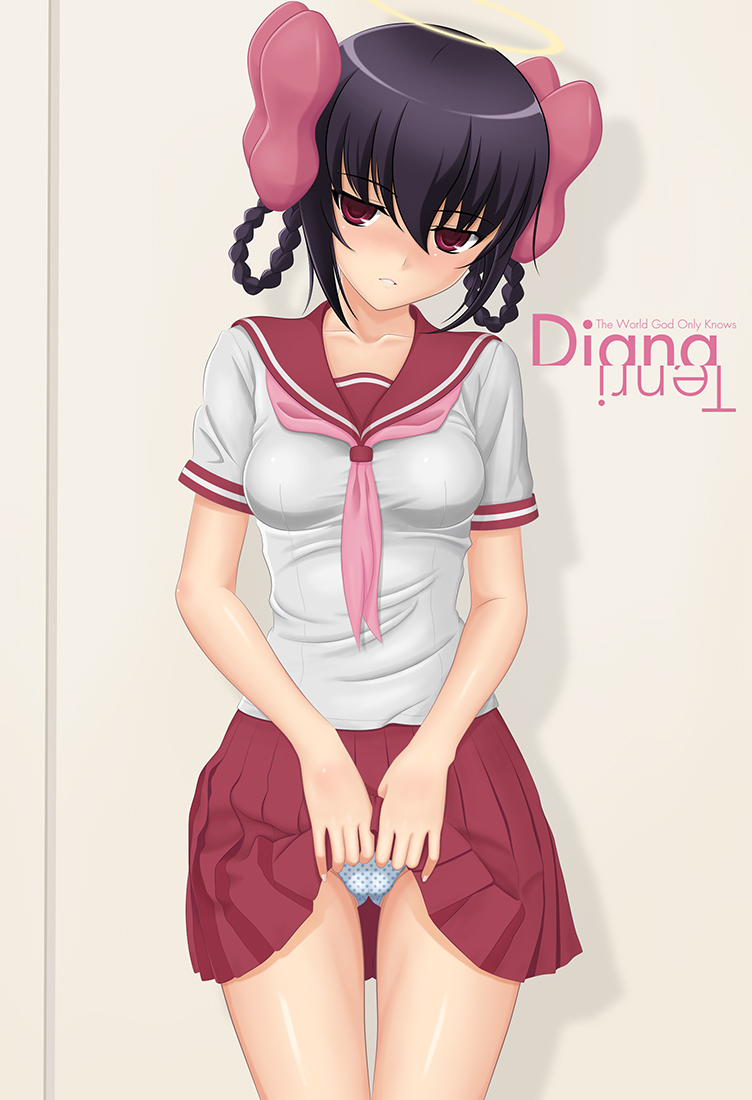 ayukawa_tenri black_hair bow braid character_name copyright_name diana_(kaminomi) goddess hair_rings halo kami_nomi_zo_shiru_sekai panties polka_dot polka_dot_panties red_eyes school_uniform serafuku short_hair skirt skirt_lift solo suzuki71 underwear