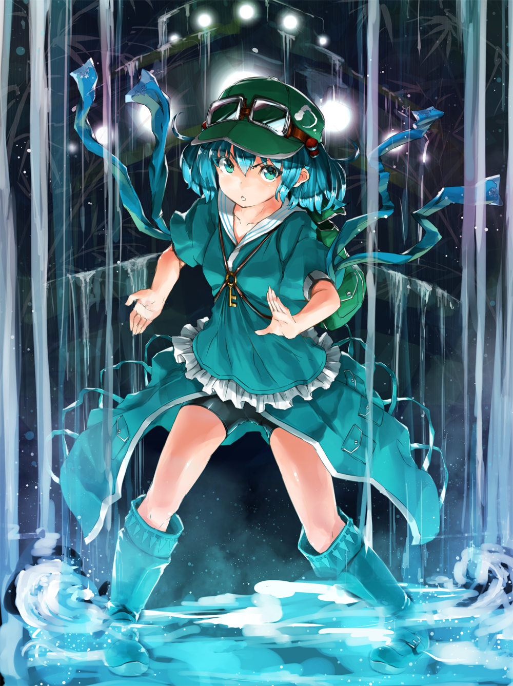 alternate_costume bike_shorts blue_eyes blue_hair boots fighting_stance goggles goggles_on_headwear hair_bobbles hair_ornament hat highres kawashiro_nitori key open_mouth pyz_(cath_x_tech) solo touhou two_side_up water