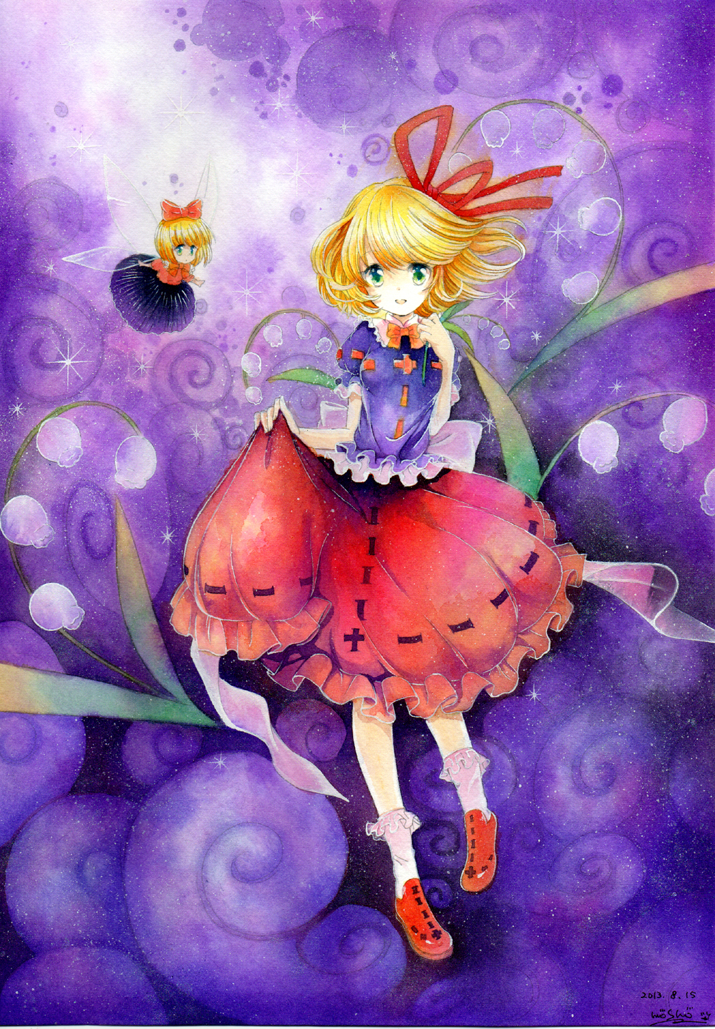 artist_name blonde_hair dated fairy_wings flower frills green_eyes hair_ornament hair_ribbon highres lily_of_the_valley looking_at_viewer medicine_melancholy mosho open_mouth poison ribbon shirt short_hair signature skirt smile solo su-san touhou traditional_media watercolor_(medium) wings
