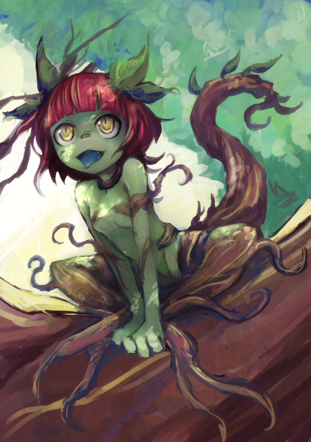 1girl breasts fang female green_skin monster_girl nude original outdoors plant_girl red_hair ruu_bot small_breasts solo tongue tongue_out tree v_arms yellow_eyes