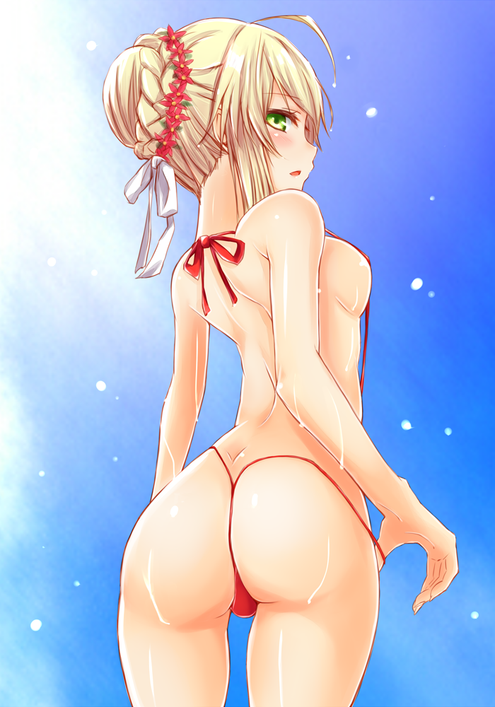 ahoge ass bad_id bad_pixiv_id bikini blonde_hair breasts cowboy_shot fate/extra fate/extra_ccc fate_(series) flower from_behind green_eyes hair_ribbon harino646 head_wreath looking_at_viewer looking_back medium_breasts nero_claudius_(fate) nero_claudius_(fate)_(all) one-piece_thong parted_lips ribbon sideboob sidelocks slingshot_swimsuit solo sunlight swimsuit thong_bikini wet