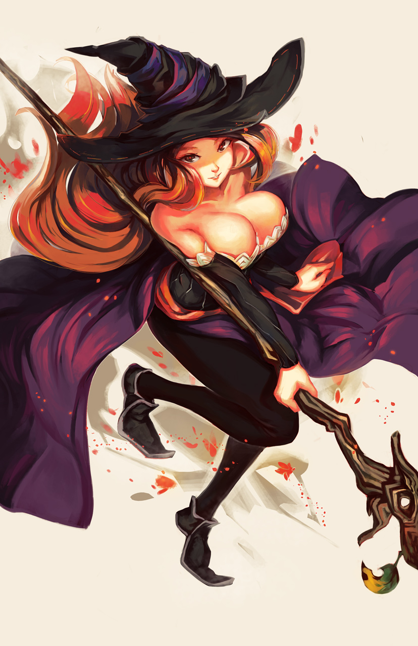 bad_id bad_pixiv_id bare_shoulders black_legwear breasts cleavage dragon's_crown hat highres large_breasts long_hair looking_at_viewer pantyhose red_eyes red_hair saimon_ma smile solo sorceress_(dragon's_crown) staff witch_hat