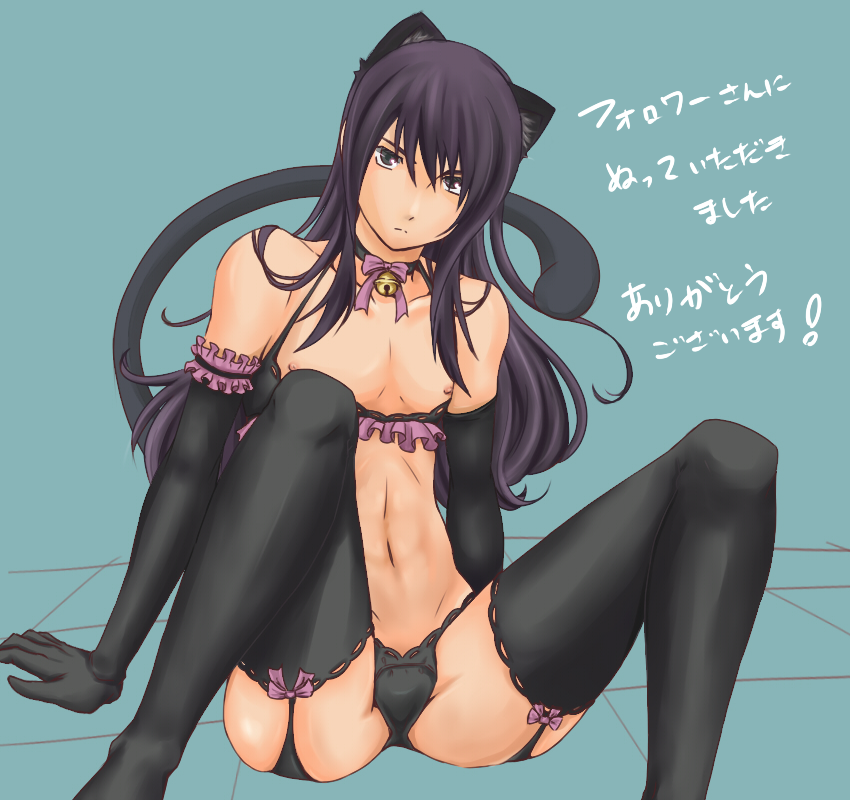 ametyann2 androgynous animal_ears bad_id bad_pixiv_id bell bell_collar black_legwear bra cat_ears cat_tail choker collar crossdressing elbow_gloves garter_belt gloves long_hair male_focus otoko_no_ko panties purple_eyes purple_hair solo tail tales_of_(series) tales_of_vesperia thighhighs underwear yuri_lowell