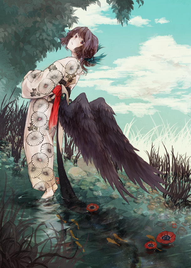 alternate_costume alternate_hairstyle anemone_(flower) bangs barefoot black_hair black_wings brown_eyes cloud day feathered_wings fish flower from_behind grass hair_ribbon hair_up japanese_clothes kikumon kimono leaning_back low_wings mi-so obi outdoors parted_lips print_kimono red_flower reiuji_utsuho ribbon rock sash short_hair solo stream tiptoes touhou wading water wet wet_clothes white_kimono wide_sleeves wings