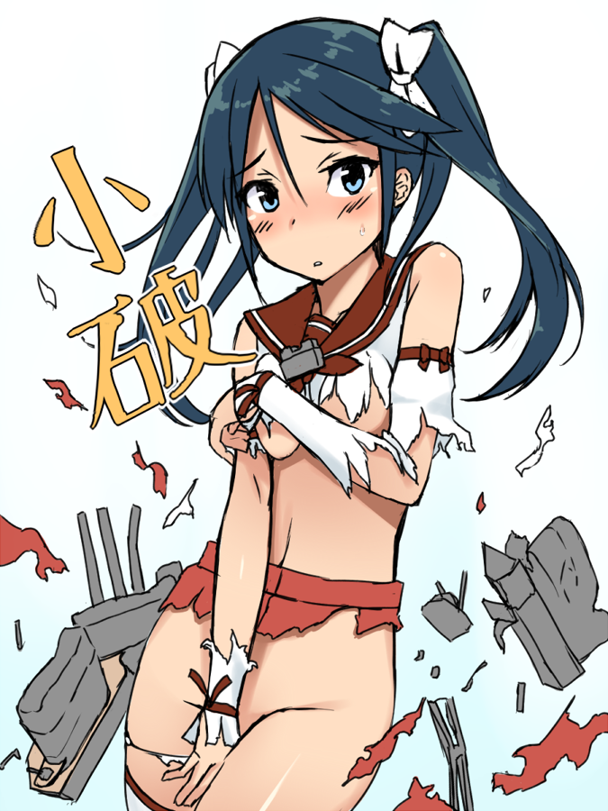 black_hair blue_eyes blush breasts covering covering_breasts covering_crotch detached_sleeves embarrassed exploding_clothes gin_(ginshari) hair_ribbon isuzu_(kantai_collection) kantai_collection long_hair looking_at_viewer medium_breasts navel open_mouth ribbon solo sweat thighhighs torn_clothes twintails white_legwear