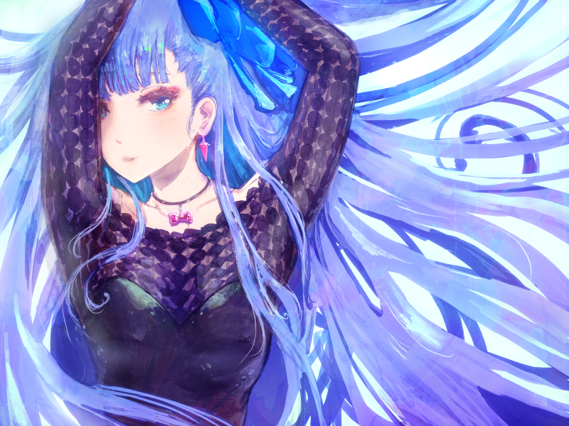 1girl arms_up bangs big_hair black_shirt blue_bow blue_eyes blue_hair bow breasts collarbone commentary_request earrings eyebrows_behind_hair fate/extra fate/extra_ccc fate_(series) hair_bow jewelry long_hair long_sleeves looking_at_viewer meltlilith minyom parted_lips shirt small_breasts solo upper_body very_long_hair