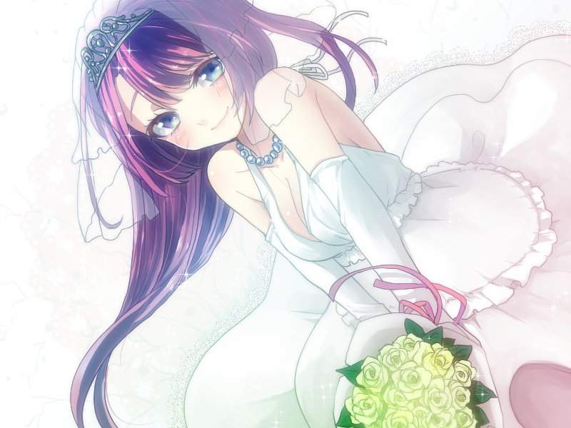 blue_eyes curry_gohan dress elbow_gloves flower gloves long_hair monogatari_(series) purple_hair senjougahara_hitagi solo wedding_dress