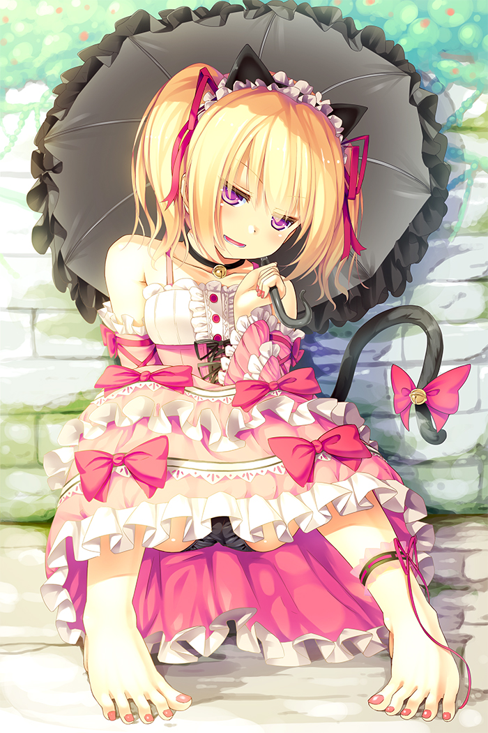 animal_ears anklet barefoot bell bell_collar black_panties blonde_hair bow cat_ears cat_tail collar dress feet jewelry jingle_bell original panties parasol peragura purple_eyes ribbon sitting smile solo tail tail_bell tail_bow toenail_polish toes twintails umbrella underwear