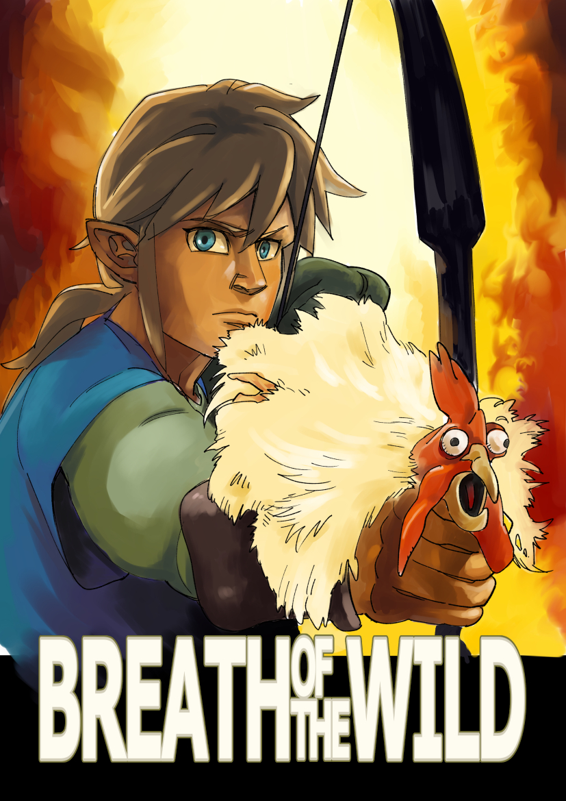 1boy aiming animal bird blue_eyes bow_(weapon) bulging_eyes chicken commentary_request copyright_name cucco drawing_bow fire holding holding_bow_(weapon) holding_weapon hot_shots! hot_shots!_part_deux light_brown_hair link lips long_hair long_sleeves looking_at_viewer male_focus nintendo parody pointy_ears ponytail serious shirt short_over_long_sleeves short_sleeves sidelocks the_legend_of_zelda the_legend_of_zelda:_breath_of_the_wild tibonobannsann upper_body weapon wide-eyed