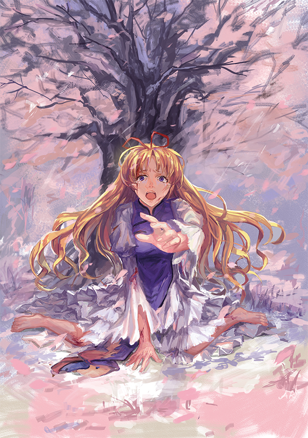 barefoot blonde_hair blood blood_on_face cherry_blossoms commentary crying crying_with_eyes_open dress long_hair outstretched_arm outstretched_hand purple_eyes sitting solo tabard tears torn_clothes torn_sleeves touhou tree very_long_hair wariza white_dress xiezhua_(amyoy) yakumo_yukari