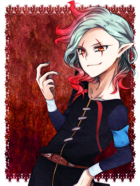 armband bad_id bad_pixiv_id collarbone fang fingernails inazuma_eleven_(series) inazuma_eleven_go inazuma_eleven_go_chrono_stone long_fingernails long_hair male_focus multicolored_hair pointy_ears red_hair solo two-tone_hair vamp_time vanfeny_vamp vanfeny_vamp_(mixi_max_v_idenshi)