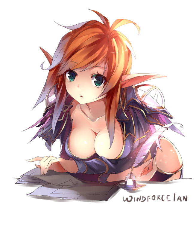 artist_name breasts cleavage elf feathers green_eyes long_hair looking_at_viewer medium_breasts orange_hair pointy_ears simple_background solo warcraft white_background windforcelan world_of_warcraft