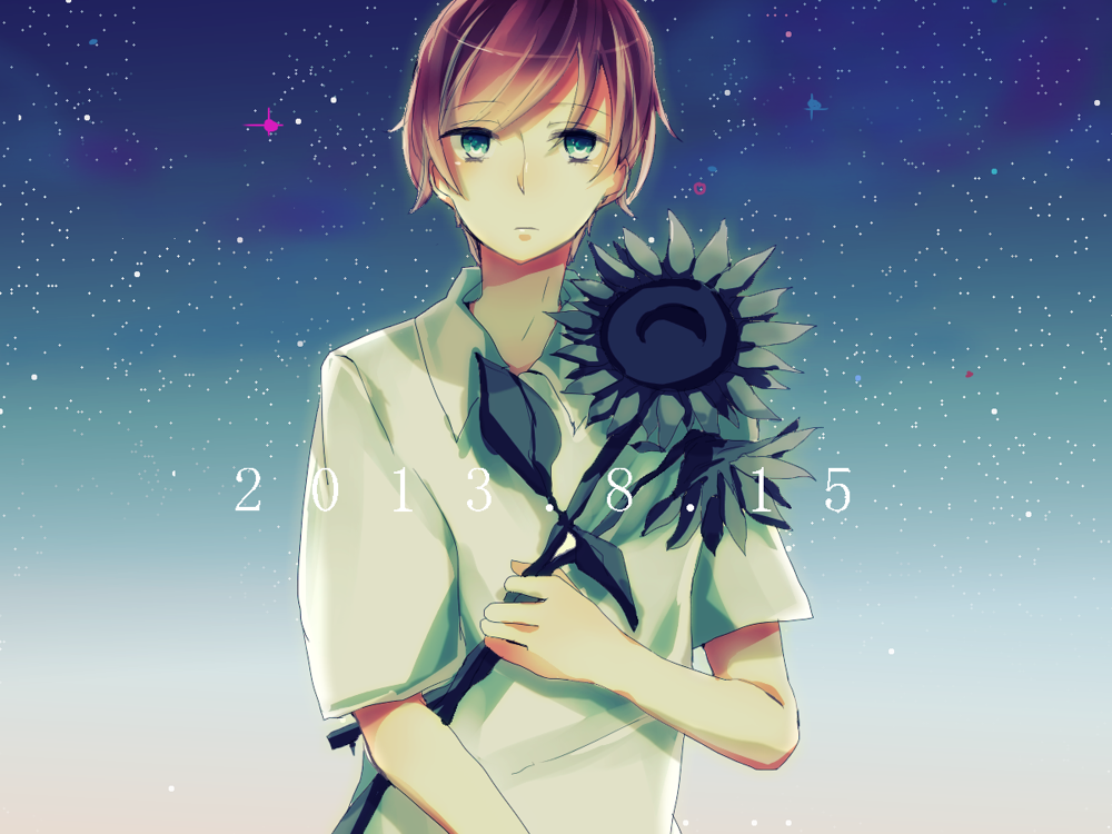 bad_id bad_pixiv_id blue_eyes dated flower holding holding_flower looking_at_viewer original red_hair shirt sky star_(sky) starry_sky sunflower white_shirt