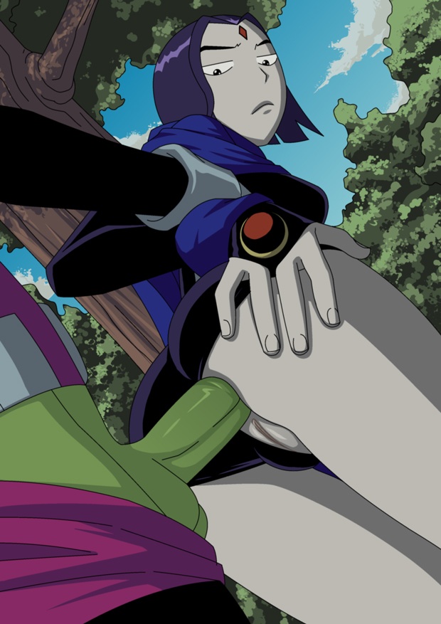 1girl anal ass ass_grab beastboy cape dc forehead_mark forest green_skin looking_back pale_skin purple_hair pussy raven_(dc) sex teen_titans thighs