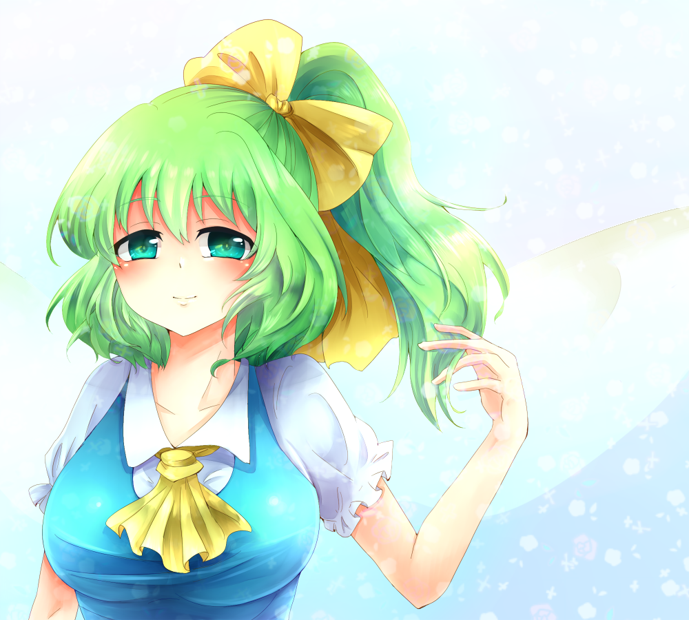 bad_id bad_pixiv_id blue_eyes blush bow breasts daiyousei green_eyes green_hair hair_bow kazusa919329 large_breasts ribbon short_hair short_sleeves side_ponytail smile touhou upper_body vest wings