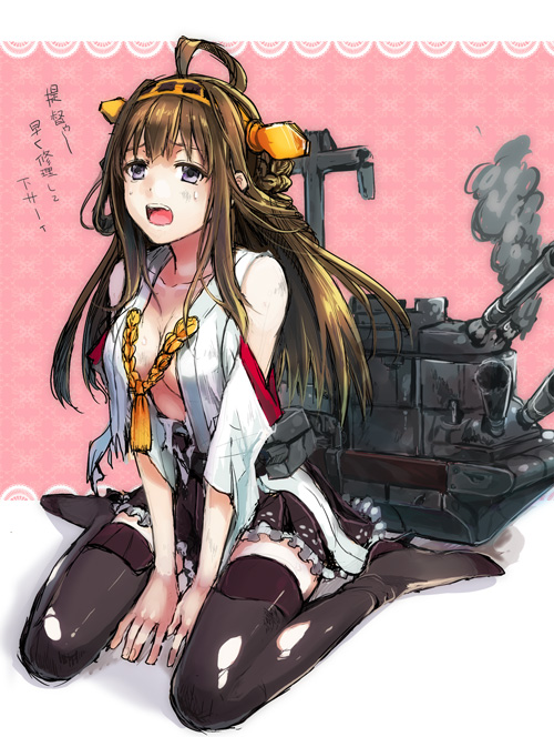 ahoge black_eyes braid breasts brown_hair damaged detached_sleeves hairband japanese_clothes kantai_collection kongou_(kantai_collection) long_hair machinery medium_breasts open_clothes open_mouth open_shirt shirt sitting smoke solo sweatdrop thighhighs torn_clothes translated turret wariza yurossan