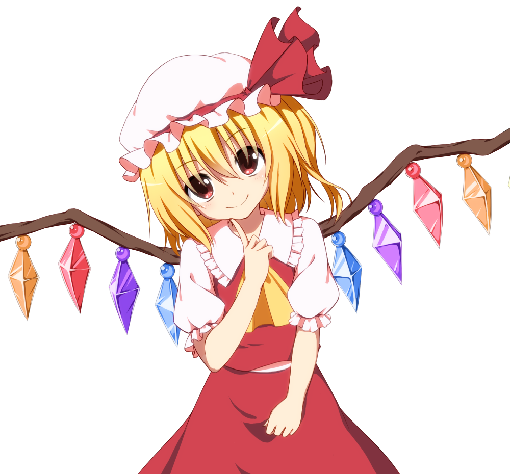 40cabbage ascot blonde_hair blush finger_to_chin flandre_scarlet hat head_tilt mob_cap red_eyes short_hair side_ponytail simple_background smile solo touhou white_background wings