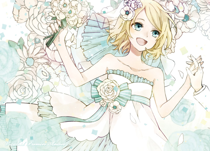 blonde_hair blue_eyes blue_ribbon bouquet bow buzz dress floral_background flower hair_flower hair_ornament holding_hands kagamine_rin out_of_frame ribbon solo_focus vocaloid white_dress