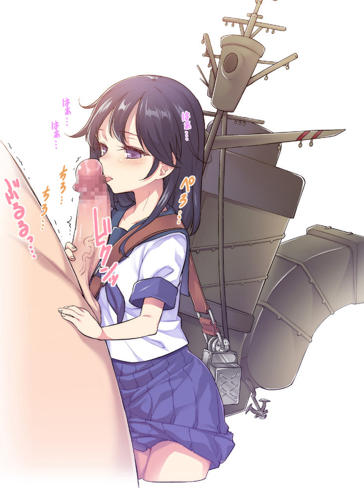 akihazama black_hair blush censored fellatio handjob hetero kantai_collection long_hair open_mouth oral penis petite school_uniform serafuku skirt solo_focus tongue trembling ushio_(kantai_collection)