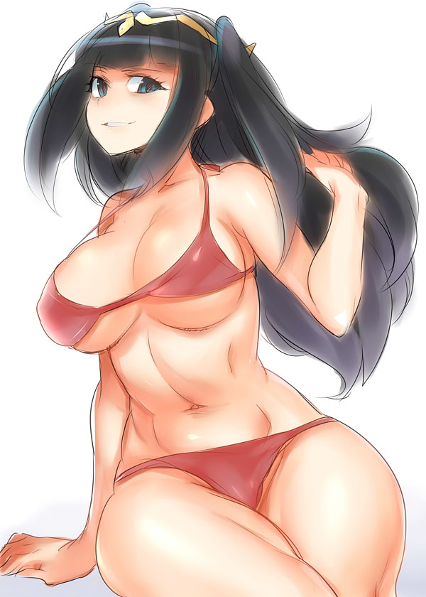 arm_support bikini black_hair blue_eyes breasts cleavage curvy fire_emblem fire_emblem:_kakusei grin headdress large_breasts long_hair naso4 navel red_bikini sitting sketch smile solo swimsuit tharja thick_thighs thighs two_side_up underboob