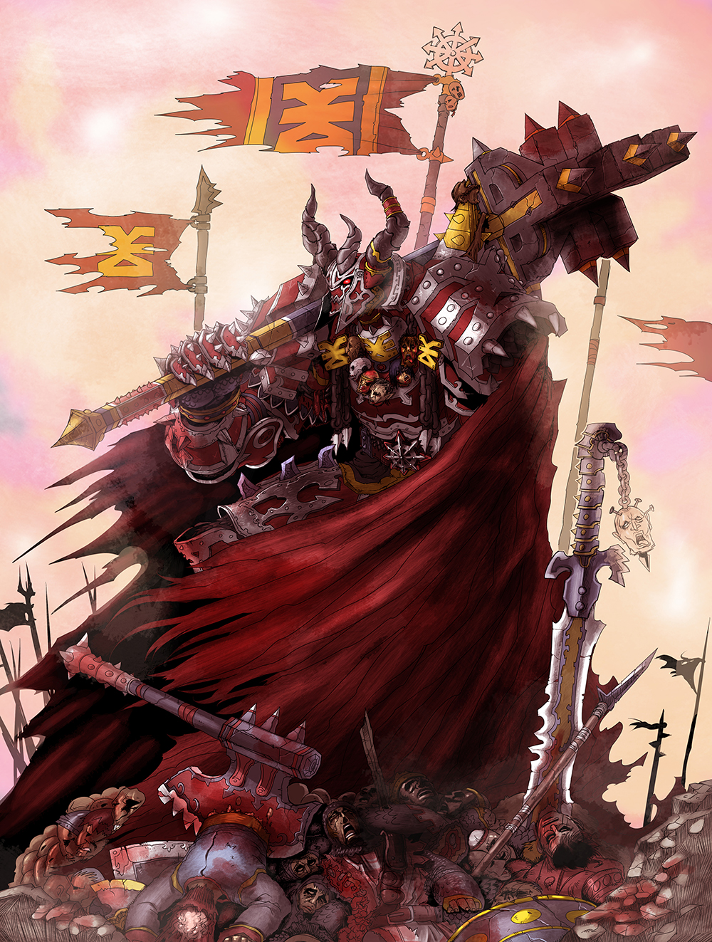 armor axe blood butcherboy cape chaos_(warhammer) corpse flag helmet highres horned_helmet horns khorne mace severed_head spikes sword warhammer_fantasy warrior_of_chaos weapon