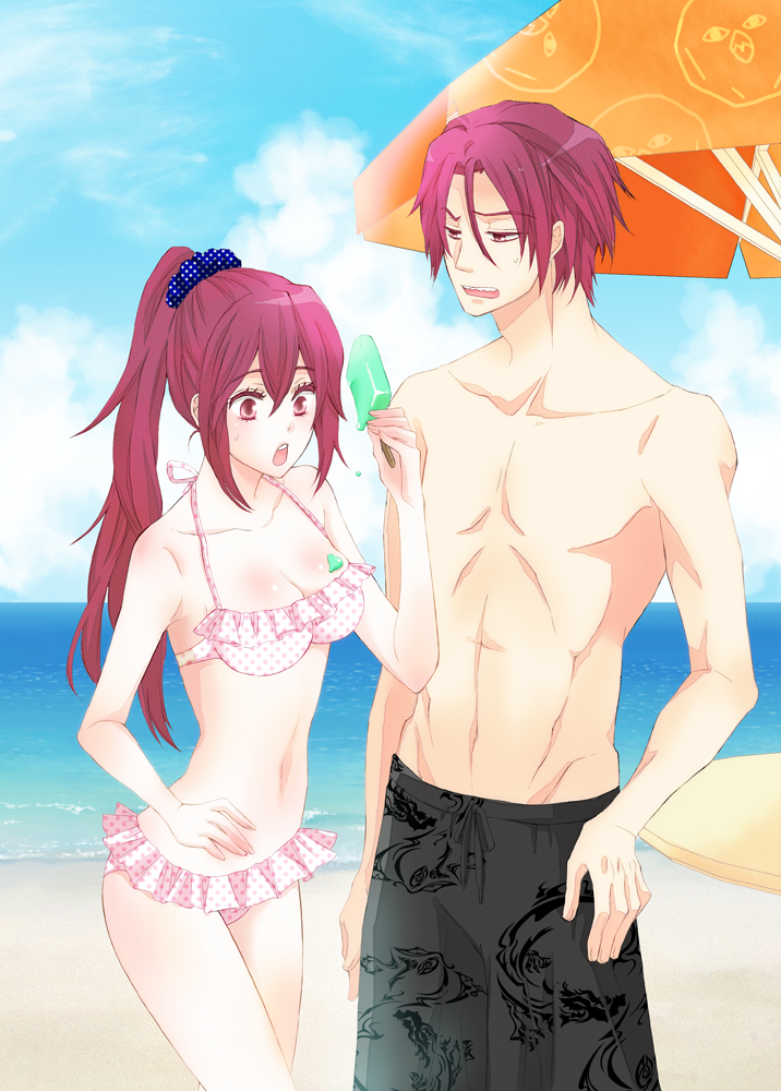 1girl beach bikini brother_and_sister day food free! long_hair male_swimwear matsumoto_tsubomi matsuoka_gou matsuoka_rin ponytail popsicle red_eyes red_hair short_hair shorts siblings swim_trunks swimsuit swimwear