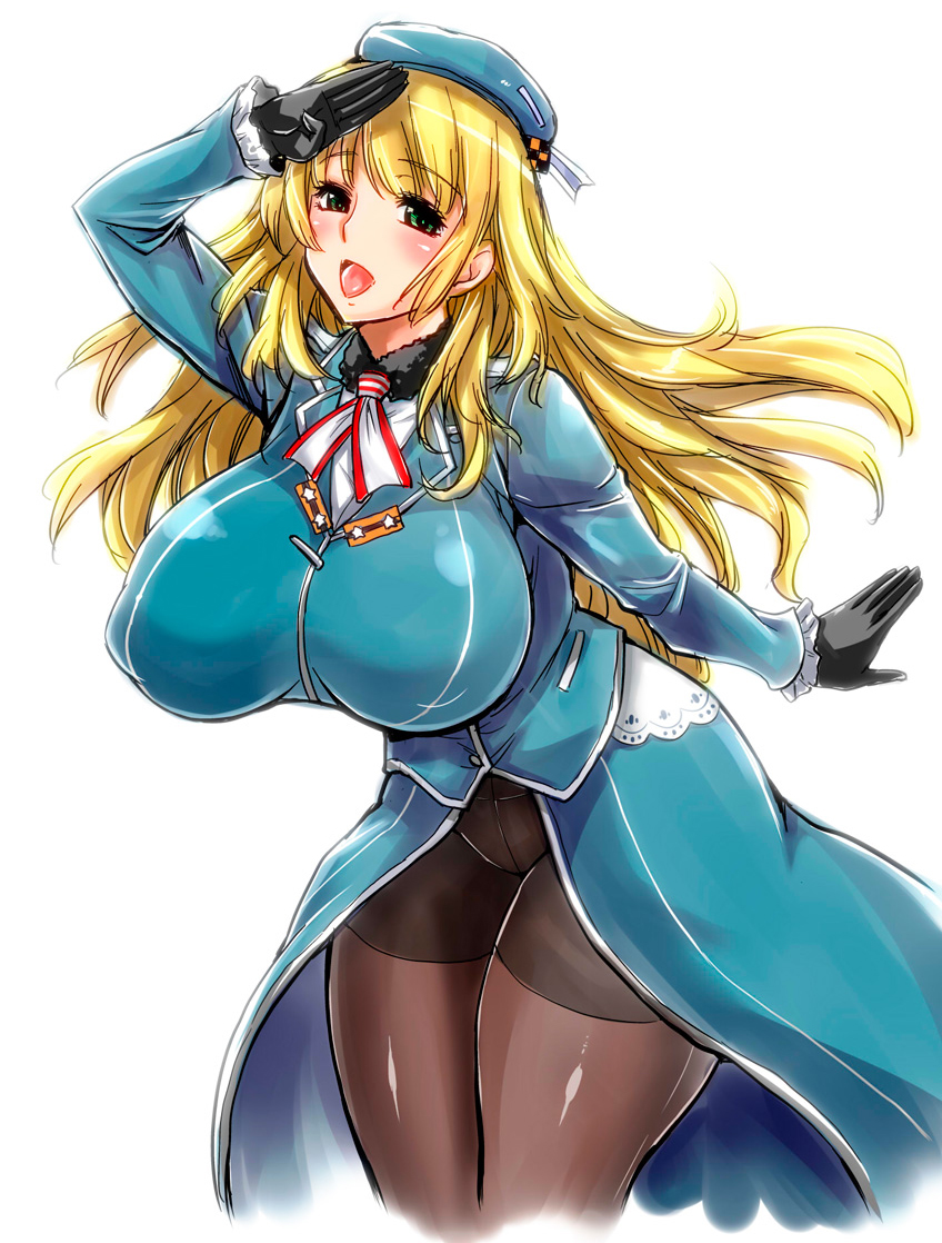 atago_(kantai_collection) blonde_hair blush breasts crotch_seam gloves green_eyes hat huge_breasts kantai_collection leaning_forward long_hair musashino_sekai panties panties_under_pantyhose pantyhose salute solo underwear