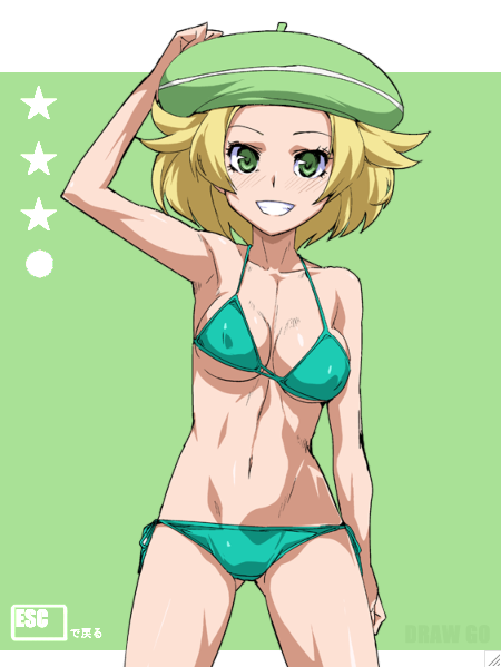 bel_(pokemon) bikini blonde_hair green_background green_bikini green_eyes green_hat grin hat jaga_note navel pokemon short_hair side-tie_bikini smile solo swimsuit