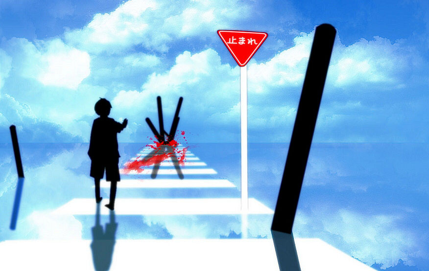 bad_id bad_pixiv_id blood cloud crosswalk day kagerou_days_(vocaloid) kagerou_project kurokii male_focus reflection sign silhouette sky solo