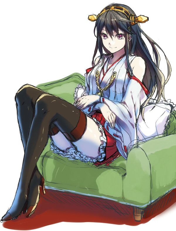 black_hair boots detached_sleeves hairband haruna_(kantai_collection) japanese_clothes kantai_collection legs long_hair long_legs nontraditional_miko pillow purple_eyes sitting solo thigh_boots thighhighs thighs yurossan zettai_ryouiki