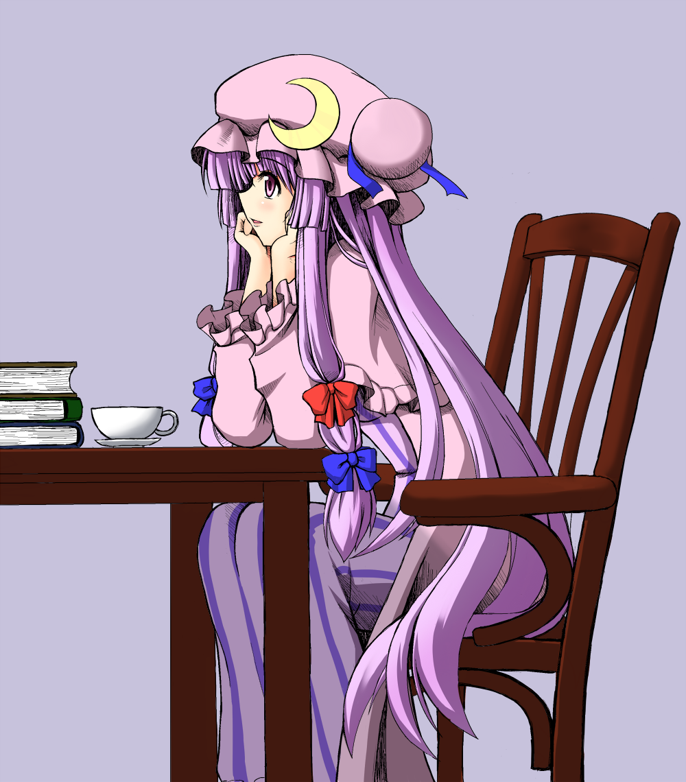 blush book chair crescent hat iwanori long_hair patchouli_knowledge purple_eyes purple_hair simple_background sitting smile solo touhou very_long_hair