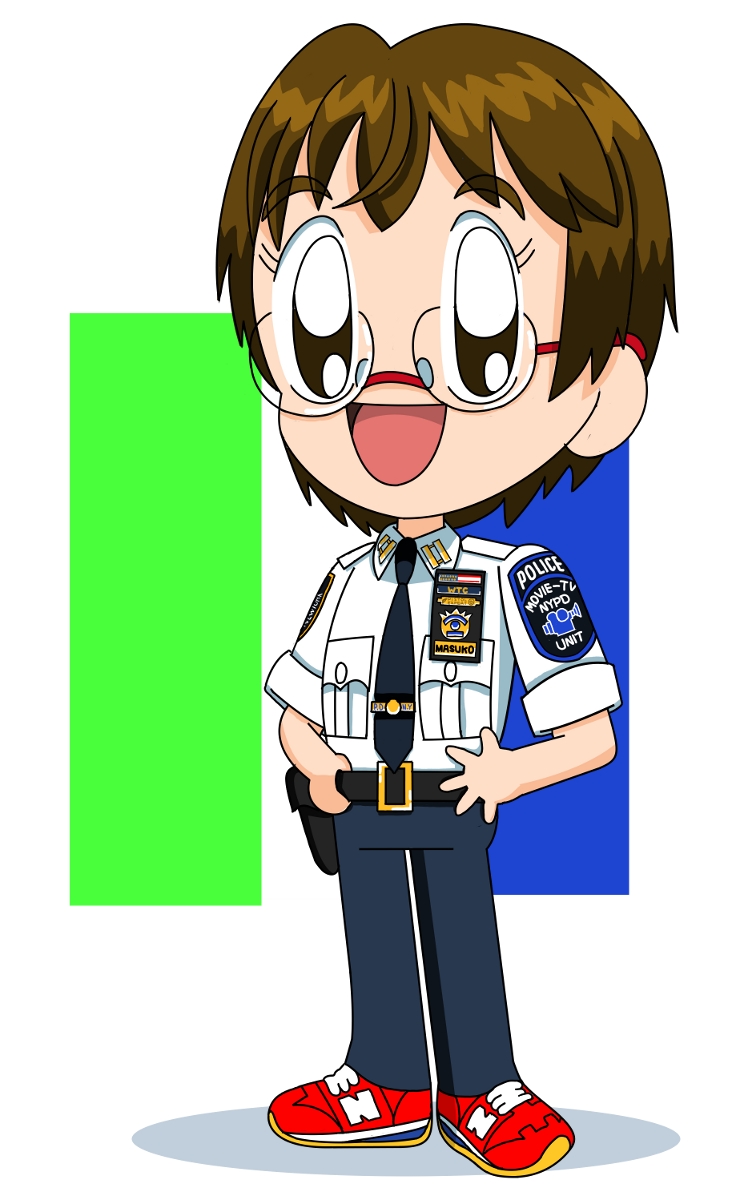 bad_hands belt big_eyes black_belt blue_pants brown_eyes brown_hair chibi collared_shirt cross-laced_footwear dress_shirt full_body glasses hands_on_hips highres looking_at_viewer masuko_mika necktie new_york_city_police_department open_mouth pants police police_badge police_uniform policewoman precure red_footwear schneider_(sierra-77) shirt shoes short_hair sleeves_rolled_up sneakers solo standing uniform wing_collar yes!_precure_5