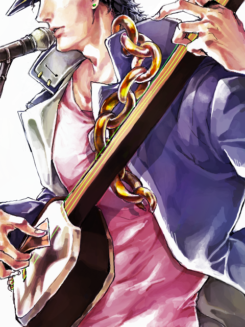 black_hair chain earrings gakuran hat instrument jewelry jojo_no_kimyou_na_bouken kuujou_joutarou male_focus school_uniform shamisen solo taruha tegaki