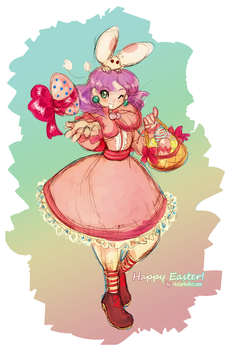 basket capelet dress earrings easter easter_egg egg english freckles full_body gradient gradient_background grandia grandia_i green_eyes happy_easter heart highres jewelry long_hair one_eye_closed outstretched_hand pink_dress purple_hair puui_(grandia) ribbon short_hair sketch smile solo stkstarbullet sue_(grandia) transparent_background watermark web_address white_bloomers
