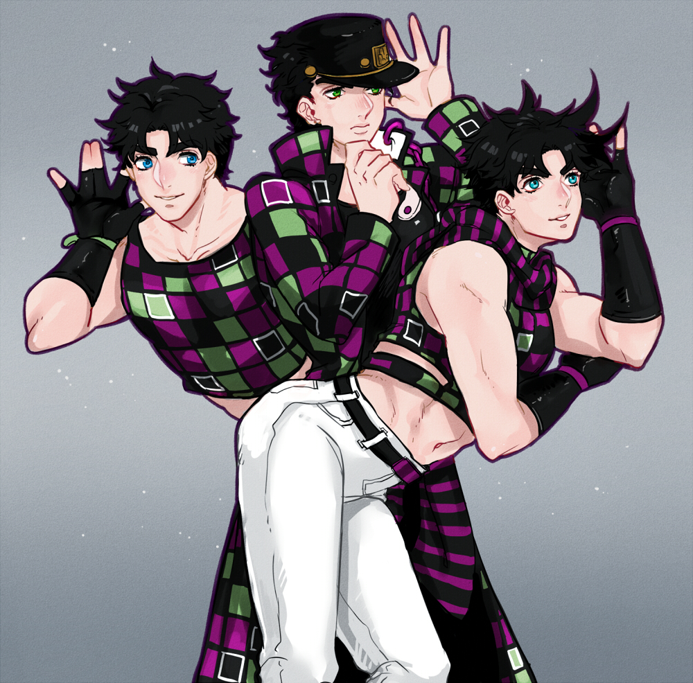 black_hair blue_eyes family fingerless_gloves gloves green_eyes jojo_no_kimyou_na_bouken jonathan_joestar joseph_joestar_(young) kuujou_joutarou medemoisellecu multiple_boys scarf