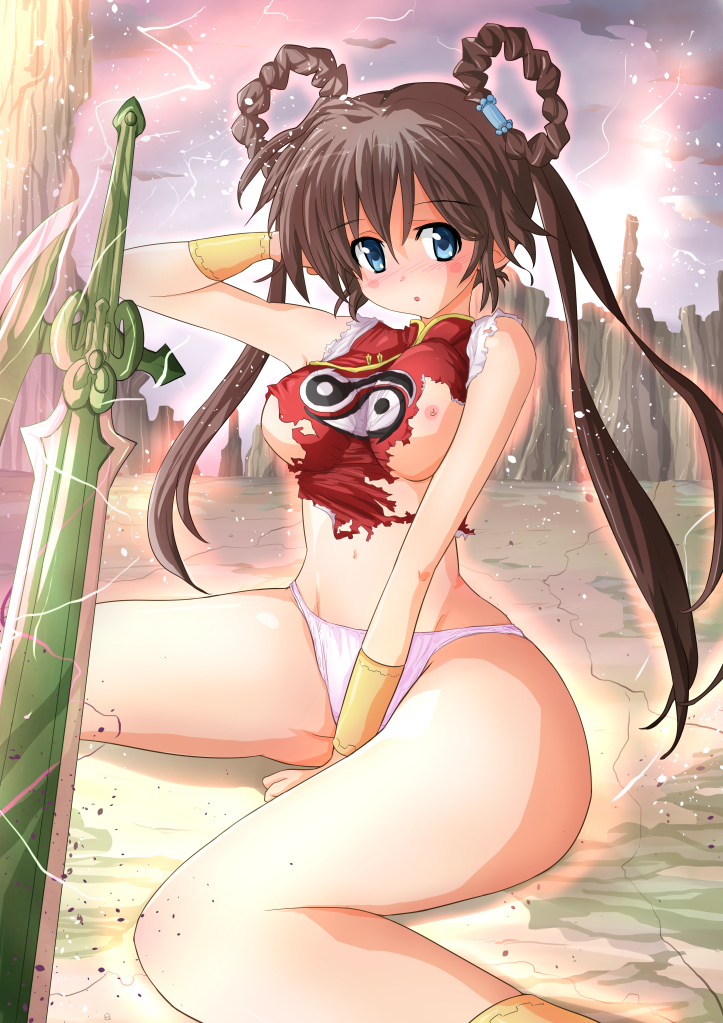 artist_request blue_eyes blush breasts brown_hair mamono_hunter_youko mano_youko panties sword torn_clothes underwear weapon