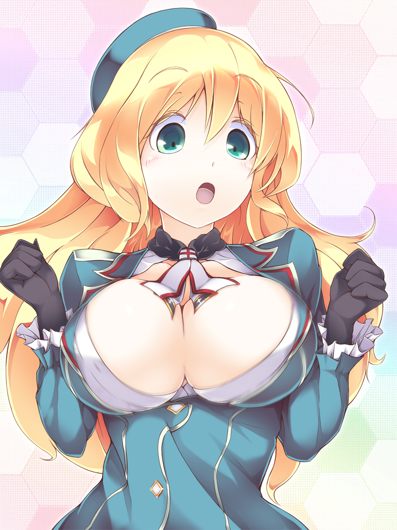 :o atago_(kantai_collection) blonde_hair blue_hat breasts bursting_breasts gloves green_eyes hat hexagon josephine_(twin_tail_rabbit) kantai_collection large_breasts long_hair solo upper_body