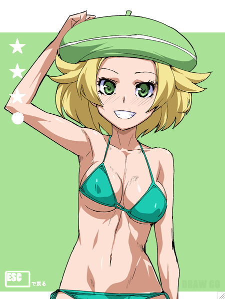 bel_(pokemon) bikini blonde_hair green_background green_bikini green_eyes green_hat grin hat jaga_note navel pokemon short_hair side-tie_bikini smile solo swimsuit