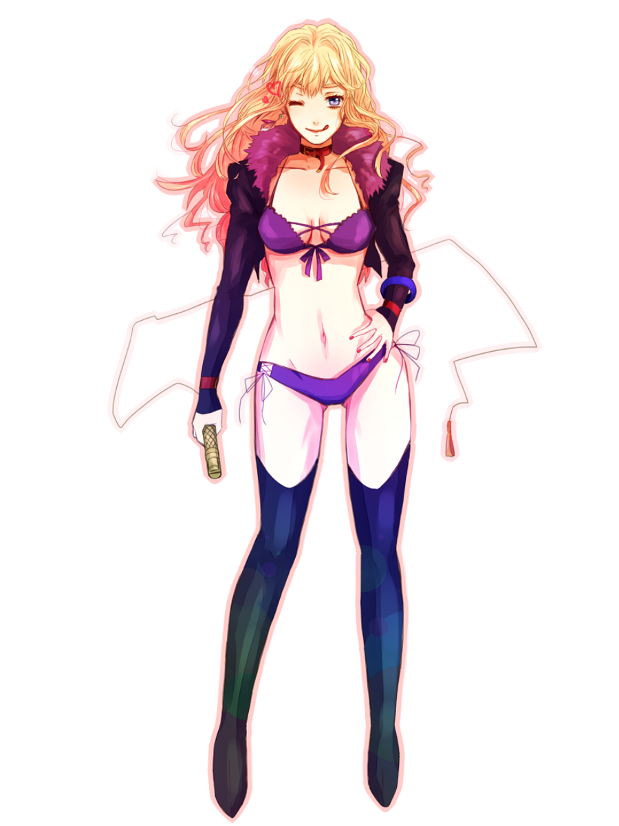 ;q blonde_hair blue_eyes boots bra breasts choker cleavage full_body hand_on_hip highres long_hair macross macross_frontier medium_breasts navel one_eye_closed sasa0205 sheryl_nome solo thigh_boots thighhighs tongue tongue_out underwear wavy_hair