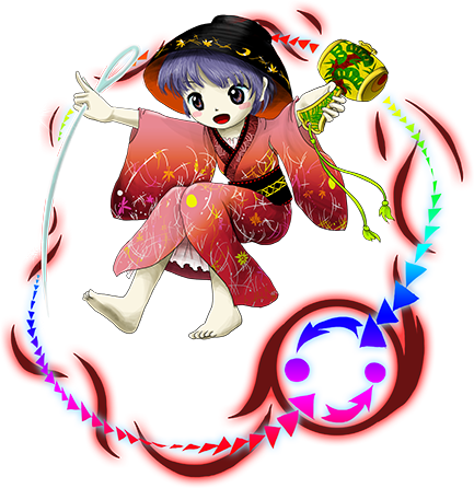 barefoot bowl bowl_hat brown_eyes double_dealing_character full_body hat holding_needle japanese_clothes kimono lowres mallet minigirl miracle_mallet needle official_art oota_jun'ya pale_skin purple_hair smile solo sukuna_shinmyoumaru touhou transparent_background