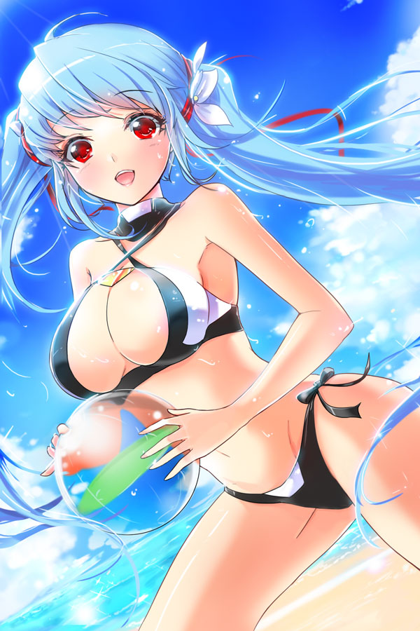 armpits ball beach beachball bikini blue_hair breasts cleavage cloud criss-cross_halter day deeple groin hair_ribbon halter_top halterneck long_hair luthica_preventer medium_breasts navel open_mouth outdoors red_eyes ribbon shiny shiny_skin side-tie_bikini sky smile solo swimsuit sword_girls twintails