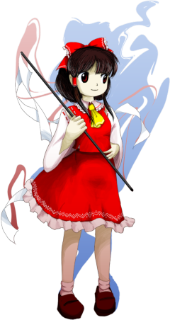 bow brown_eyes brown_hair double_dealing_character dress full_body gohei hakurei_reimu lowres necktie official_art oota_jun'ya pale_skin red_dress smile solo touhou transparent_background