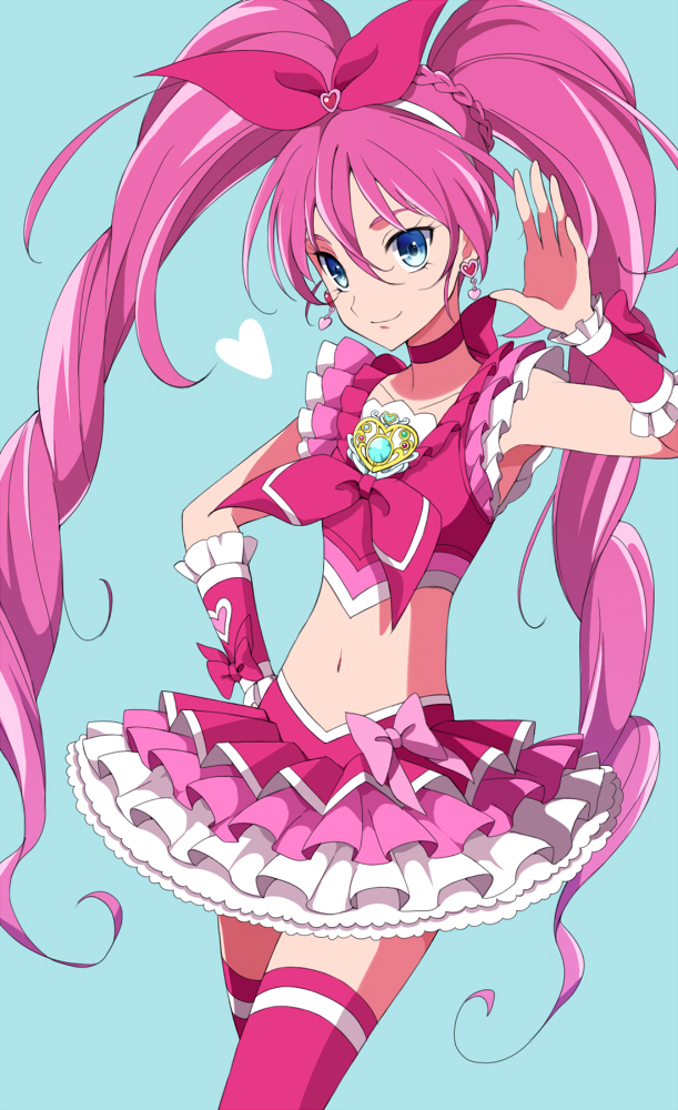 bad_id bad_pixiv_id blue_background blue_eyes bow braid brooch choker cure_melody frills hair_ribbon hairband houjou_hibiki itsumi_(itumiyuo) jewelry long_hair magical_girl midriff navel pink_bow pink_choker pink_hair pink_legwear precure ribbon simple_background skirt smile solo sparkle suite_precure thighhighs twintails wrist_cuffs